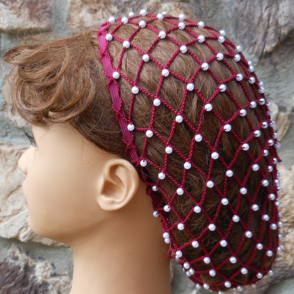 Hair 1-2 Inches BELOW Shoulders Beaded Burgundy Renaissance Hair Snood Net With Pearl Beads