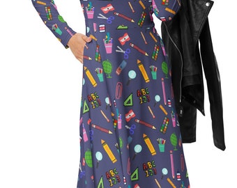 Ladies School Teacher Midi Dress Pre-School to 5th Grade School All-over Print Long Sleeve  with Pockets