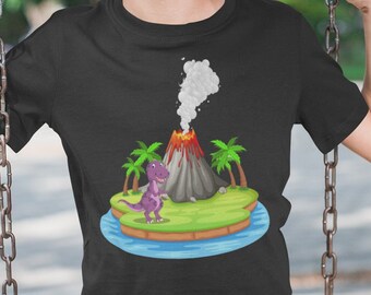 Camiseta de manga corta para niño pequeño lindo volcán y dinosaurio