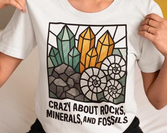 Crazy About Rocks Minerals and Fossils Tee | Crystals, Ammonite Illustration