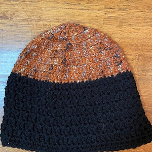 Crocheted Wool Blend Beanie: Orange Variegated & Black Adult Hat