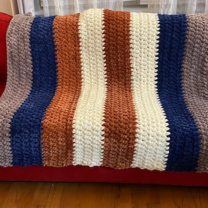 Chunky Knit Chenille Afghan: Brown, Navy, Cream, Rust Throw Blanket (52x56)
