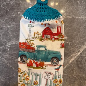 Crocheted  Dish Towel,  Farmhouse Truck & pumpkins
