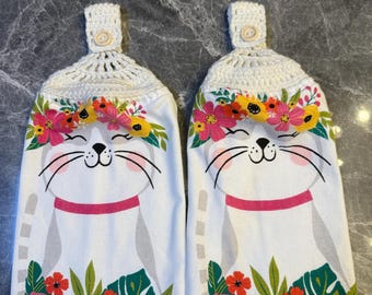 Ręcznie robione na szydełku, wiszące ściereczki kuchenne, kwiatowy wzór z kotem, urocze ściereczki kuchenne z kotkami, wystrój kuchni w stylu rustykalnym, prezent dla miłośników kotów