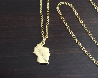 Wisconsin Necklace, Wisconsin, gold Wisconsin necklace, Wisconsin jewelry, Wisconsin pendant, state necklace, state jewelry, gold necklace