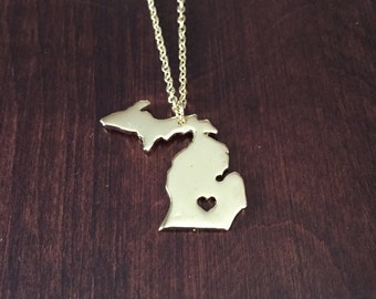 Michigan Necklace, Michigan, gold Michigan necklace, Michigan jewelry, Michigan pendant, state necklace, state jewelry, gold necklace