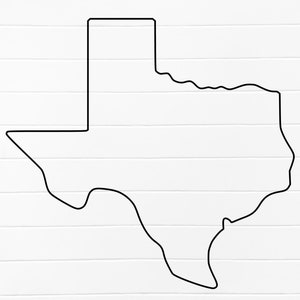 May include: A black line drawing of the state of Texas on a white background.