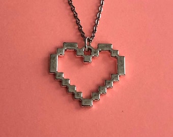 pixel heart necklace, pixel heart, pixel jewelry, silver heart necklace, heart necklace, heart, silver heart, heart jewelry, heart pendant