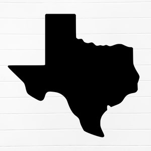 May include: A black silhouette of the state of Texas.