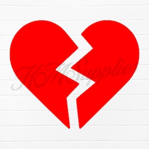 May include: A red heart shape is broken in half with a jagged line down the middle. The heart is a symbol of love and heartbreak.