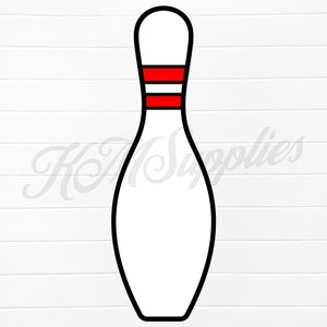 May include: A black and white outline of a bowling pin with three red stripes around the top.