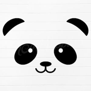 May include: A black and white panda face with large, round eyes and a small, curved nose. The panda's mouth is slightly open, creating a happy expression.