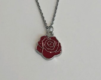 rose necklace, red rose necklace, rose, rose jewelry, rose pendant, enamel necklace, enamel jewelry, flower, flower necklace, flower jewelry