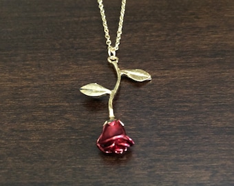 rose necklace, gold rose necklace, red rose necklace, rose, rose jewelry, rose pendant, rose gifts, flower, flower necklace, flower jewelry