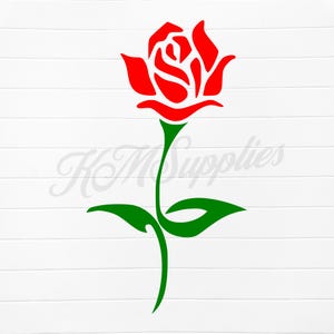 May include: A red rose with a green stem and leaves. The rose is stylized and has a simple design.