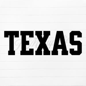 May include: Black and white text graphic that reads "TEXAS" in a bold, blocky font.
