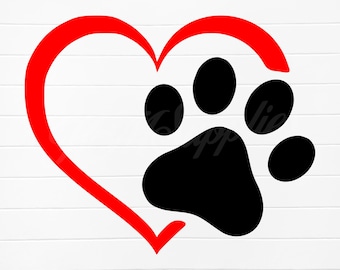 May include: A red heart with a black paw print inside. The paw print is centered in the heart.