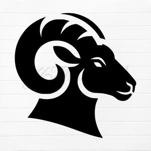 May include: Black and white silhouette of a ram's head with large curled horns. The ram is facing to the right.
