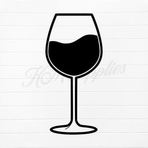 May include: A black and white graphic of a wine glass filled with dark liquid. The glass has a classic shape with a stem and a wide bowl, and the liquid inside has a curved surface. The background is white with horizontal lines.