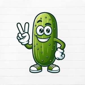 May include: A cartoon green pickle with a smiling face, wearing white gloves and green shoes, giving a peace sign with two fingers.