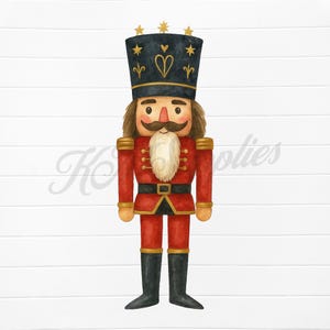 May include: Watercolor illustration of a traditional nutcracker soldier. The figure is dressed in a red uniform with black boots and a black hat adorned with gold stars and a heart. The nutcracker has a white beard and mustache.
