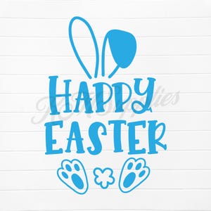 May include: Happy Easter text with blue bunny ears and paw prints on a white background.
