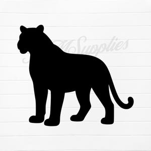 May include: A black silhouette of a panther standing on all fours. The panther is facing left, with its tail curled. The image is set against a white background with horizontal lines.
