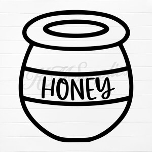 Könnte beinhalten: Schwarz-weiße Strichzeichnung eines Honigtopfs mit dem Wort "HONEY" auf der Vorderseite.