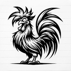 May include: Black and white illustration of a rooster with a large, detailed comb and wattle. The rooster is facing the left side of the image and has its wings spread out behind it.