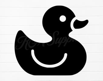 May include: Black silhouette of a rubber ducky toy. The ducky has a rounded body and a small beak.