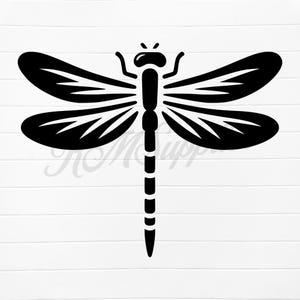 May include: Black silhouette of a dragonfly with detailed wings and a long, segmented body.