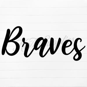Op de afbeelding: Zwarte en witte cursieve tekst die "Braves" luidt.