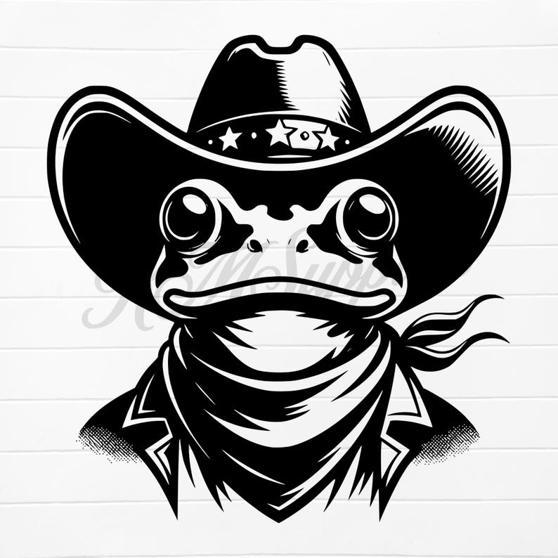 K&ouml;nnte beinhalten: Eine Schwarzwei&szlig;illustration eines Frosches, der einen Cowboyhut mit einem Band aus Sternen tr&auml;gt. Der Frosch tr&auml;gt ein Bandana um den Hals und hat einen ernsten Gesichtsausdruck.
