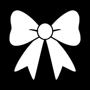 May include: A white bow illustration on a black background. The bow features two loops and two downward-pointing tails, with a circular knot in the center. The design is simple and graphic.