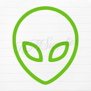 May include: Green line art illustration of an alien head with large eyes.