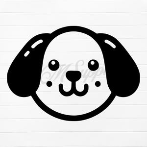 May include: Black and white cartoon illustration of a dog with big ears and a happy expression.