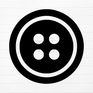 May include: A black button with four holes in the centre. The button has a white outline and is surrounded by a black ring.