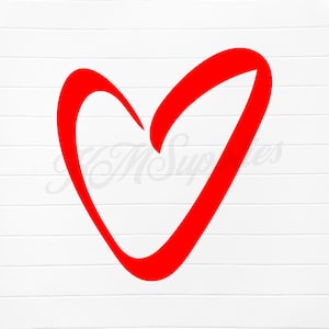 May include: A red heart shape on a white background. The heart is a solid, bold outline, with a smooth, curved design. The background has a subtle, horizontal wood grain texture.