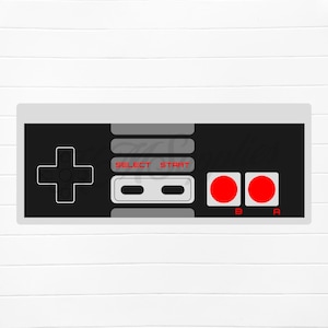 May include: A black and gray video game controller with a white border. The controller has a directional pad, two buttons, and two gray buttons labeled "SELECT" and "START".