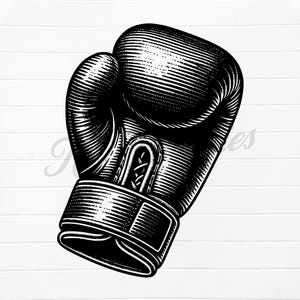 May include: Black and white illustration of a boxing glove. The glove is detailed with stitching and a strap.