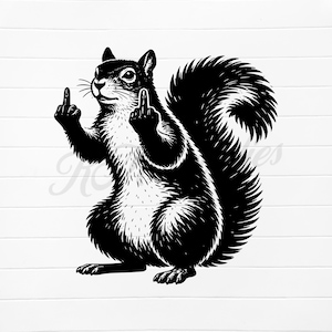 May include: Black and white illustration of a squirrel giving the middle finger. The squirrel is depicted in a detailed, vintage style, with its tail arched and its paws on the ground. The background is a white, wood-paneled wall.