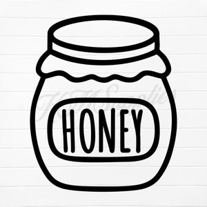 May include: Black and white line drawing of a honey jar with the word "HONEY" written on the front.
