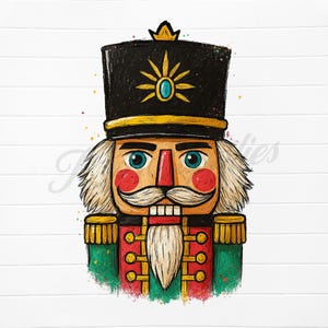 Puede incluir: Ilustración colorida de un soldado cascanueces. El cascanueces tiene un sombrero negro con un diseño de sol dorado, una nariz roja y ojos azules. El uniforme es rojo y verde con detalles dorados. El fondo es blanco.