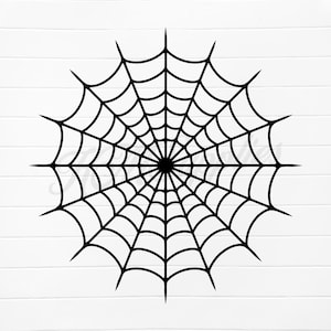 May include: Black and white illustration of a spider web. The web is circular and has a radial design.
