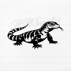 May include: Black and white illustration of a lizard with a long tail and a forked tongue. The lizard has a striped pattern on its back and is depicted in a walking pose. The image is a graphic design.