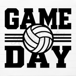 May include: Black and white graphic design with the words "GAME DAY" in bold, block letters. A volleyball is centered between the words, with three horizontal lines above it. The design is set against a white, wood-grain background.