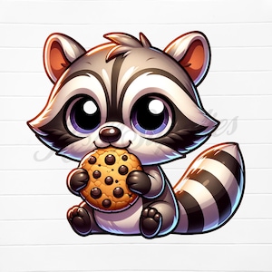 May include: A cartoon raccoon with large eyes and a striped tail, holding a chocolate chip cookie. The raccoon is depicted in shades of gray, black, and brown, with a white background.