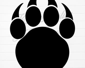 May include: Black silhouette of a bear paw print with five toes and claws.