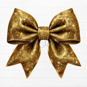 Könnte beinhalten: Eine große goldene Schleife mit Glitzer und Satin-Finish. Die Schleife ist in einer klassischen Form mit zwei Schleifen und einer Mittelknoten gebunden.