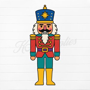 Pode incluir: Ilustração colorida de um soldado quebra-nozes de brinquedo. O quebra-nozes tem um chapéu azul com uma estrela dourada, um casaco vermelho, calças verde-azulado e botas amarelas. O soldado tem barba e bigode brancos.
